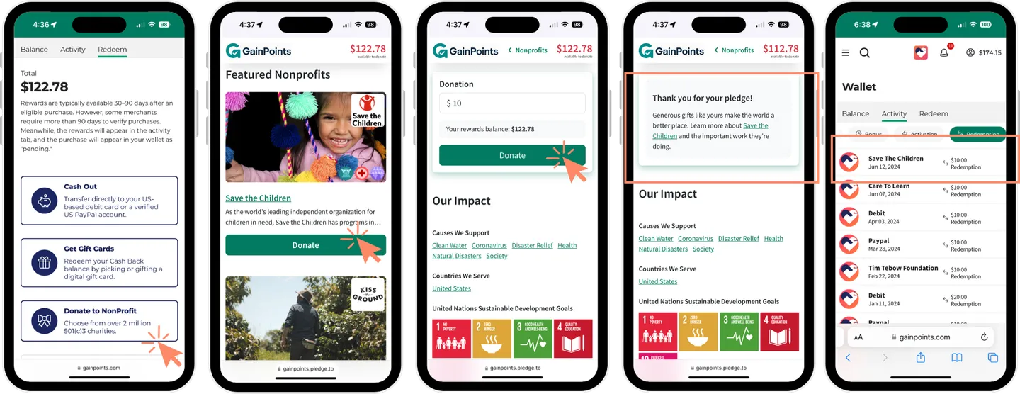 Screenshots of Point Redemption Flow Steps on Mobile